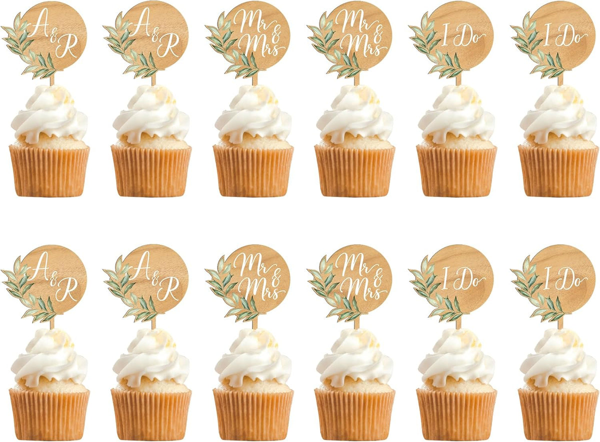 Custom Wedding Cupcake Toppers Personalized Cake Cupcake Decorations in Wood (12 PCS)