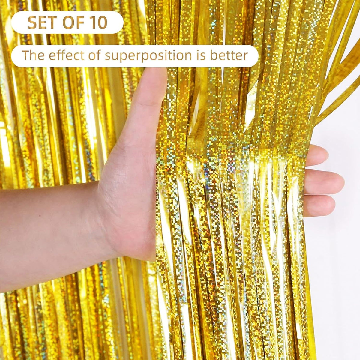 10 Pack Gold Backdrop Curtain 3.2ft x 8.2ft Metallic Tinsel Foil Fringe Curtains Photo Booth