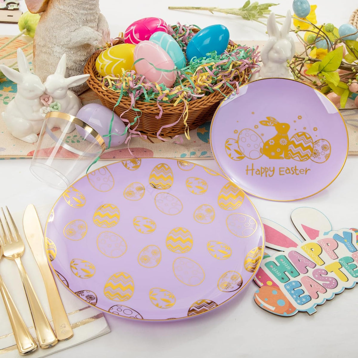 Festiva 175Pcs Easter Plates and Napkins Disposable - Purple and Gold Plastic Dinnerware Set for 50