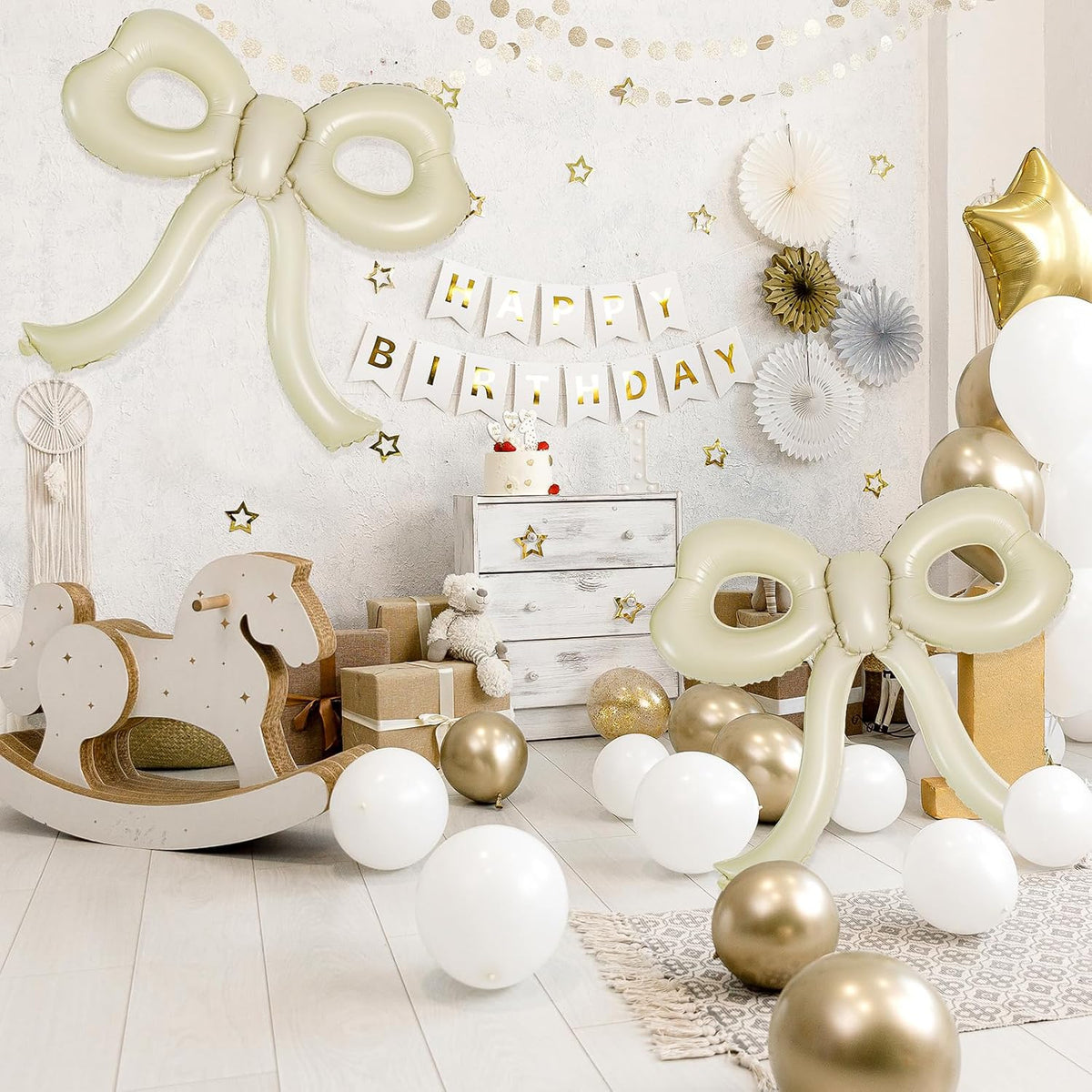 4 Pcs Bow Birthday Decorations Cream Bow Balloons for Girl Women Bow Themed Party Decorations Giant