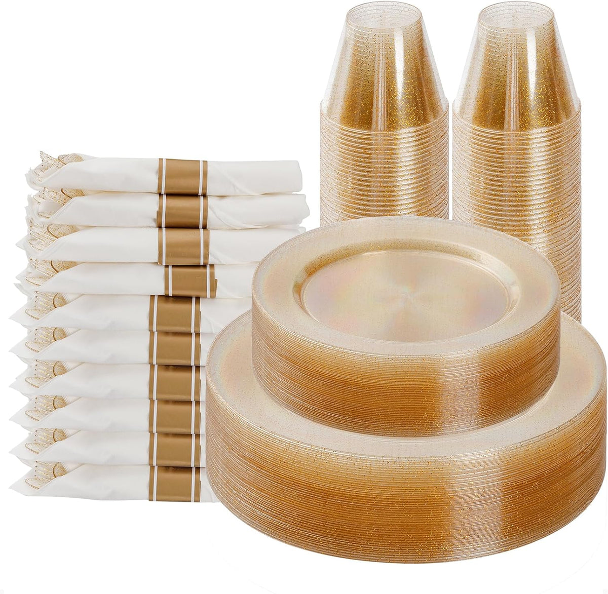 Goodluck 175 Piece Gold Glitter Plastic Dinnerware Set for 25 Guests, Fancy Disposable Plates for