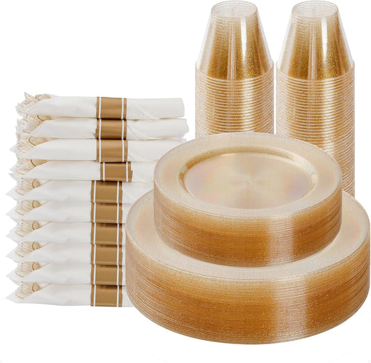 Goodluck 175 Piece Gold Glitter Plastic Dinnerware Set for 25 Guests, Fancy Disposable Plates for