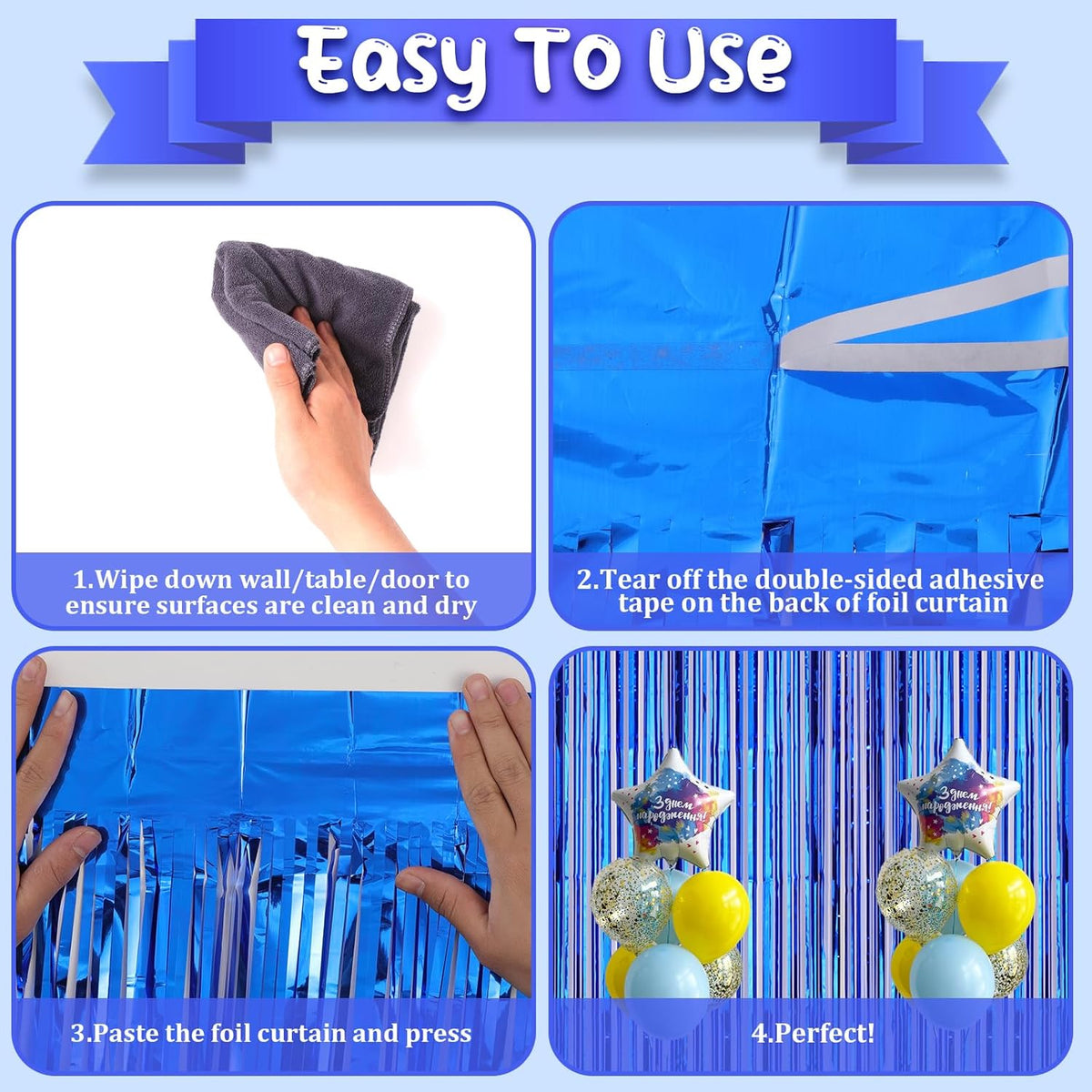 2 Pack Blue Foil Fringe Backdrop Curtains, Tinsel Streamers Birthday Party Decorations, Fringe