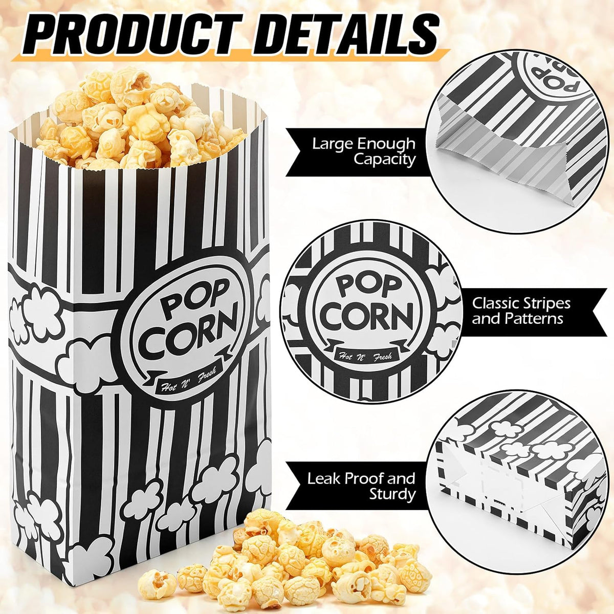 200 Pcs Paper Popcorn Bags Bulk 2 oz Large Flat Bottom Boxes Red and White Disposable Container