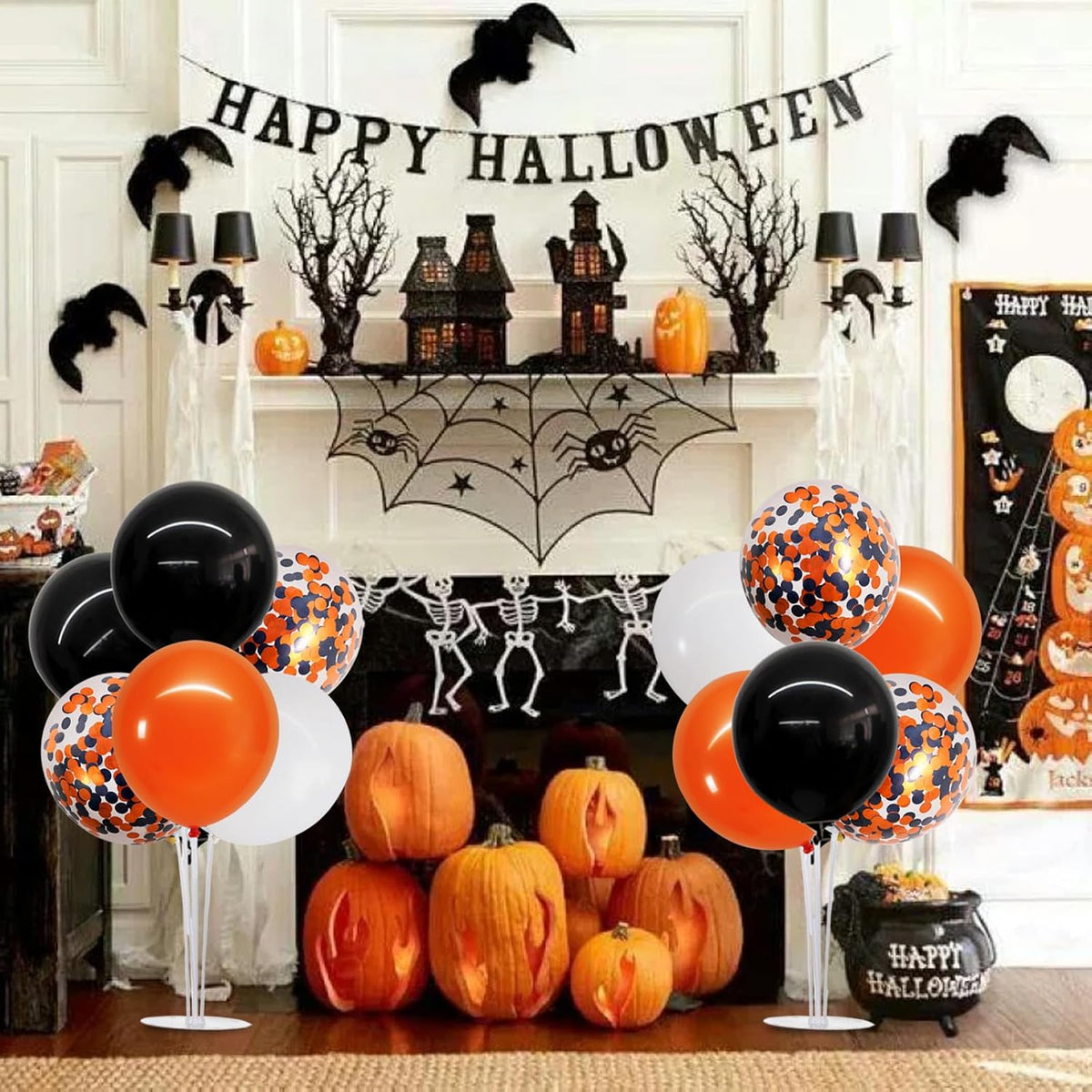 TONIFUL 4 Set Halloween Balloons Black Orange Confetti White Balloon Stand Centerpiece Table