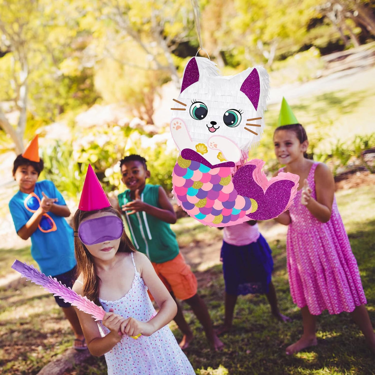 WERNNSAI Cat Piñata - Kitten Mermaid Birthday Party Decorations Kids Mermaid Pinata with Blindfold