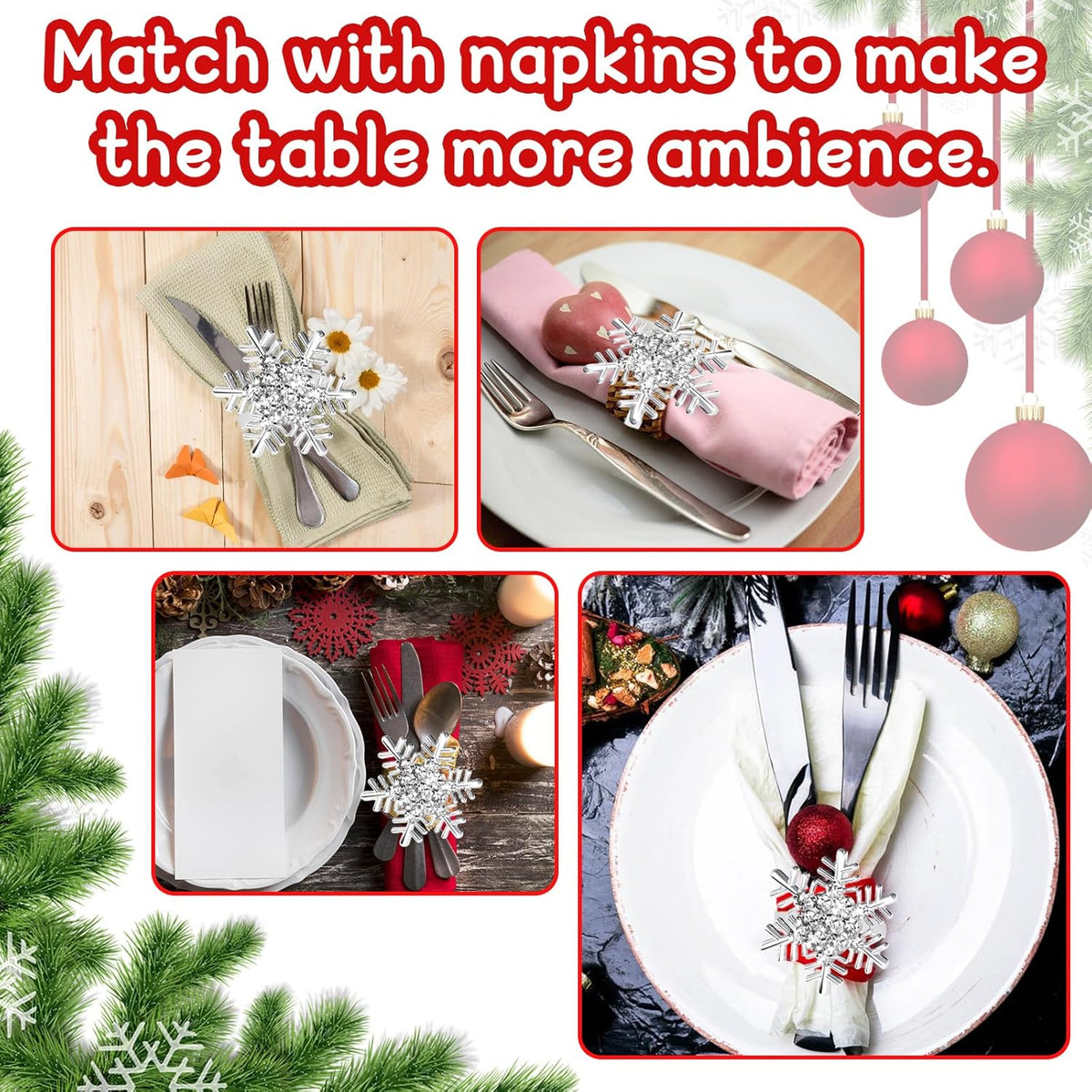 Halatool Christmas Silver Snowflake Napkin Rings Set of 6, Dinner Table Napkin Holder for Christmas