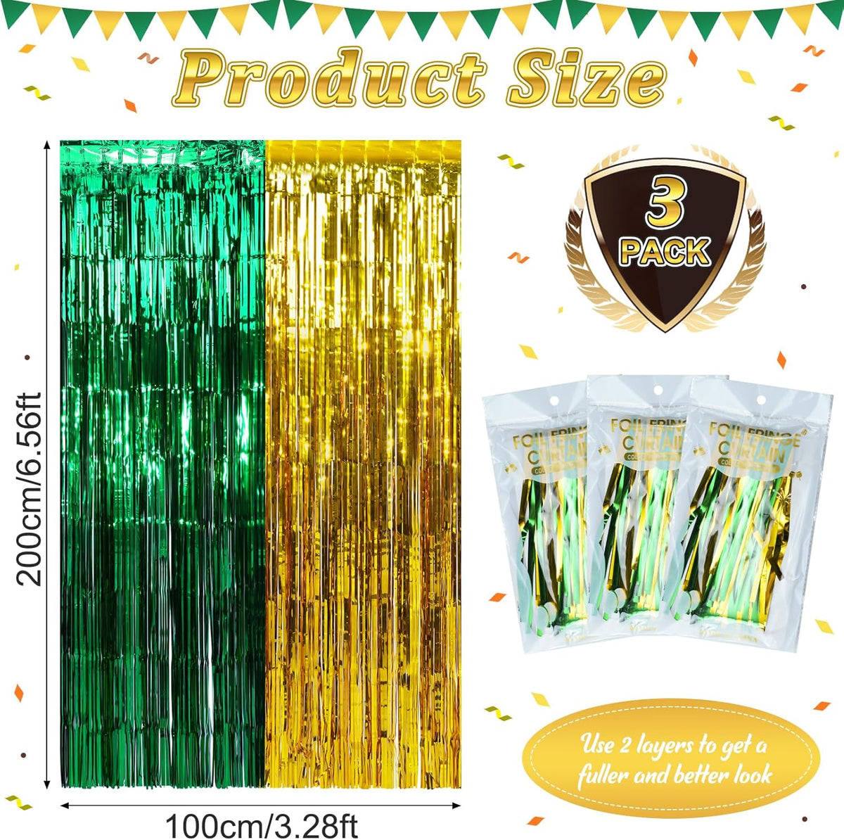 3Pack 3.3Ft x 6.6Ft Graduation Foil Fringe Curtain Backdrop Decorations, Green Gold Metallic Tinsel
