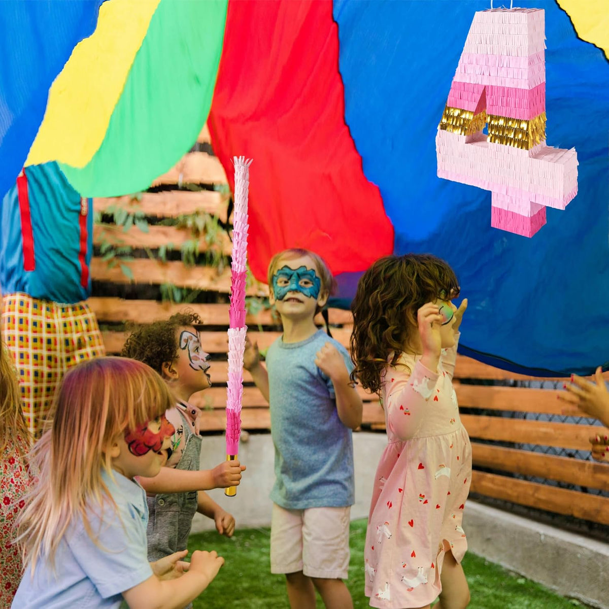 PCFING 20 Inch Number 4 Piñata Pink Gold with 30 Inch Piñata Stick Blindfold Confetti for Boys