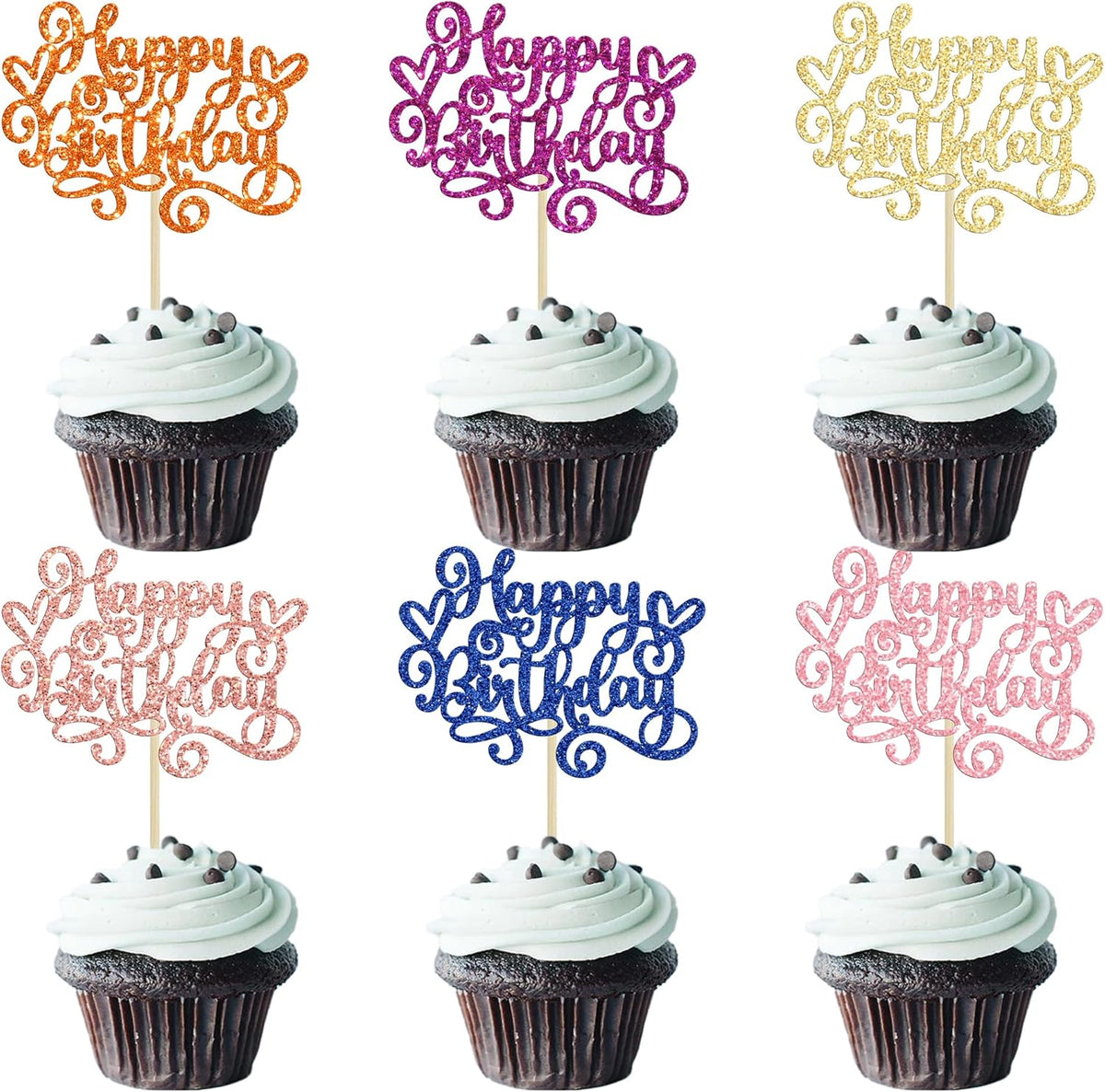 Gyufise 24Pcs Happy Birthday Cupcake Toppers Glitter Happy Birthday Cupcake Picks for Celebrating