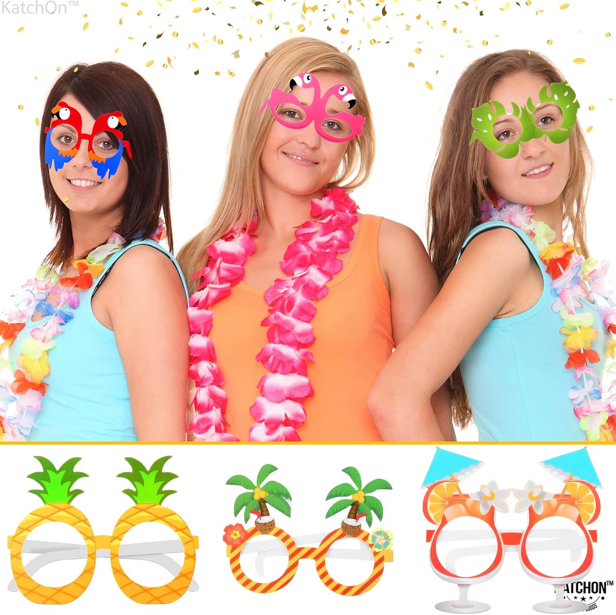 KatchOn, Tropical Hawaiian Photo Booth Props - Pack of 12,Luau Party Decorations | Luau Glasses for
