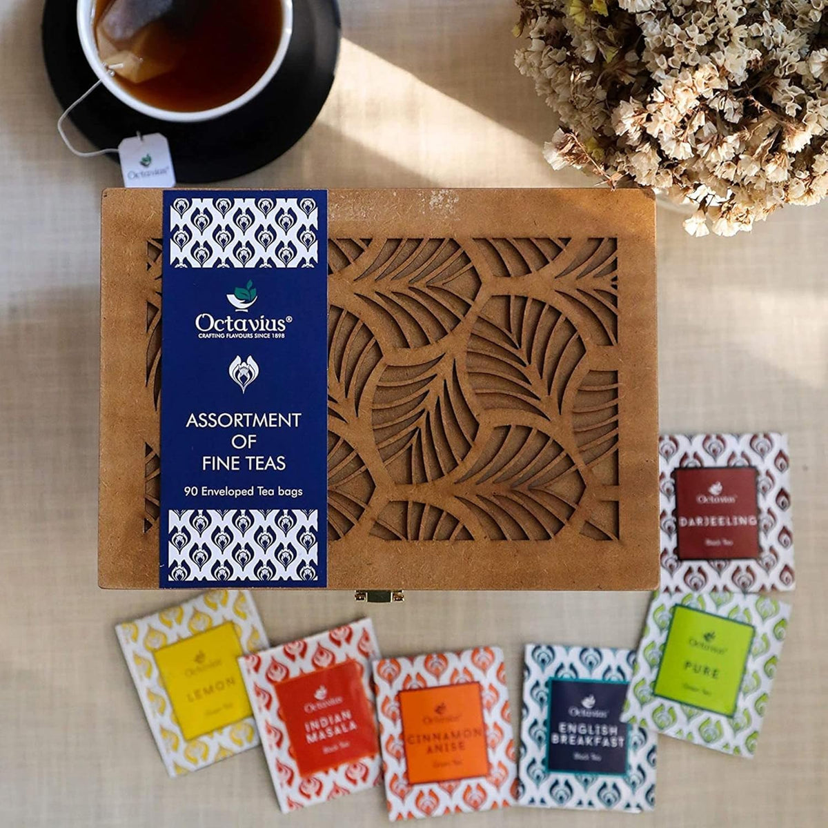 Octavius Tea Gift Set - Assorted Black & Green Tea Bags in Wooden Box | 6 Flavors, 90 Count |