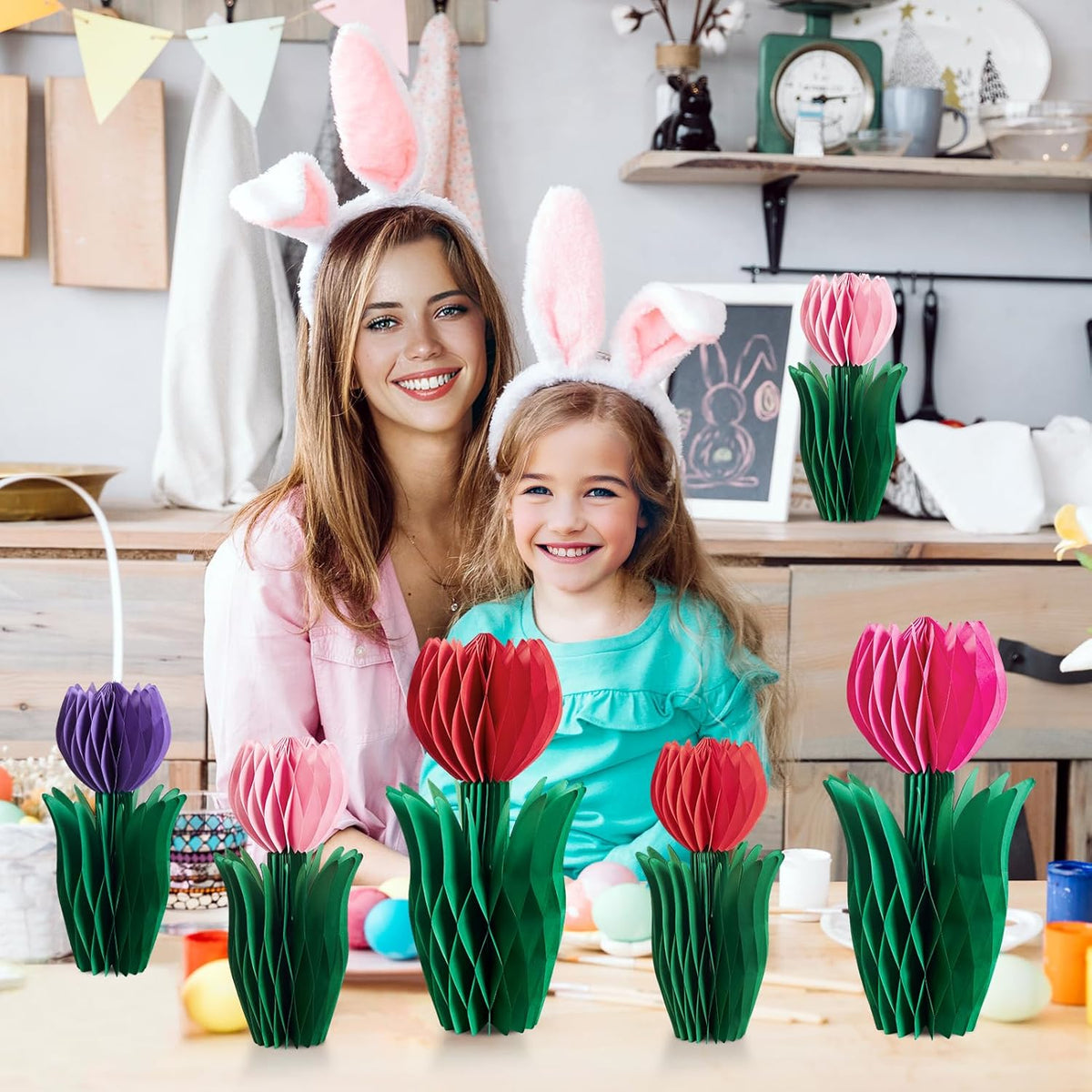 SUNBEAUTY 8 PCS Flower Honeycomb Decoration - Red Tulip Decor for Mother's Day and Spring - Table