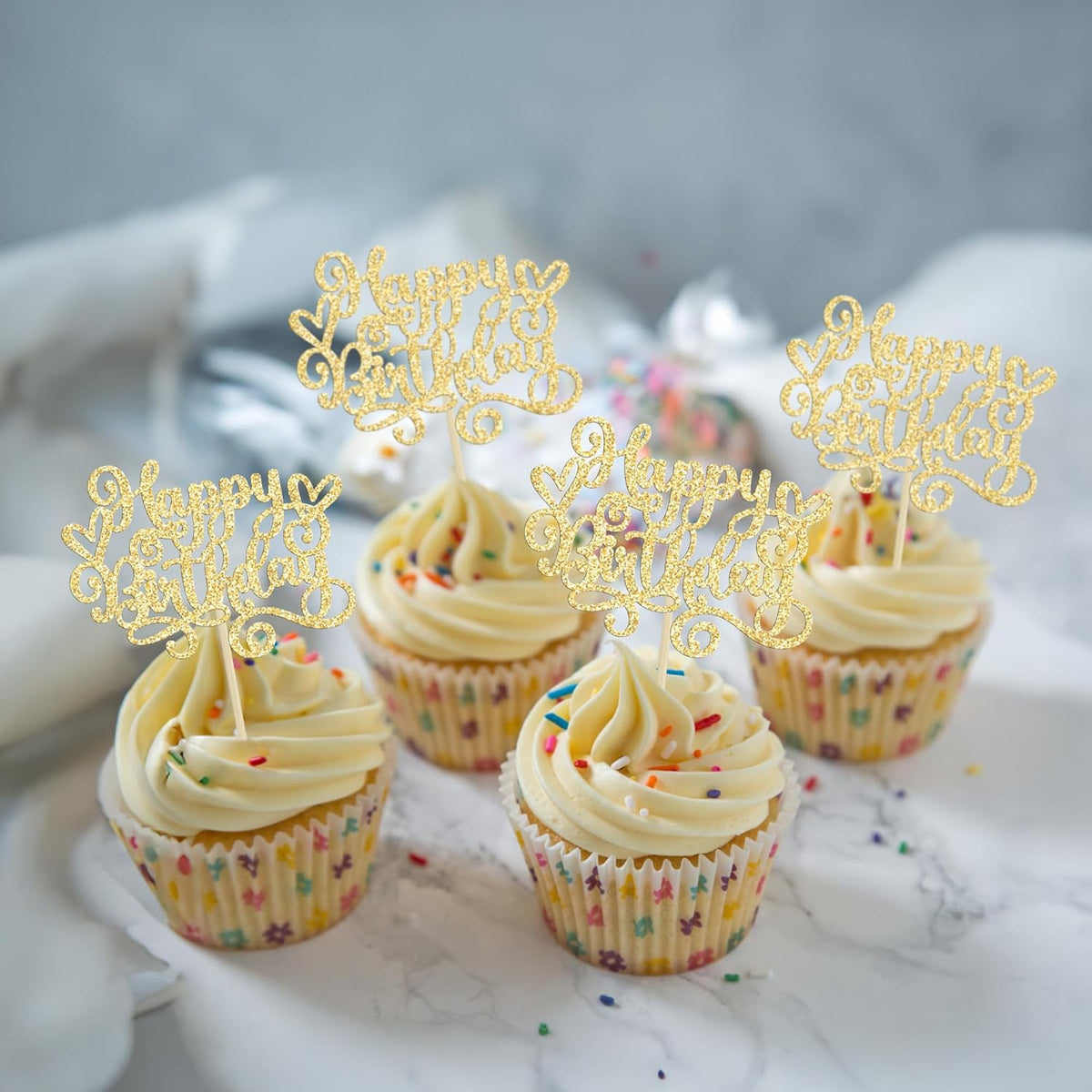 Gyufise 24Pcs Happy Birthday Cupcake Toppers Glitter Happy Birthday Cupcake Picks for Celebrating