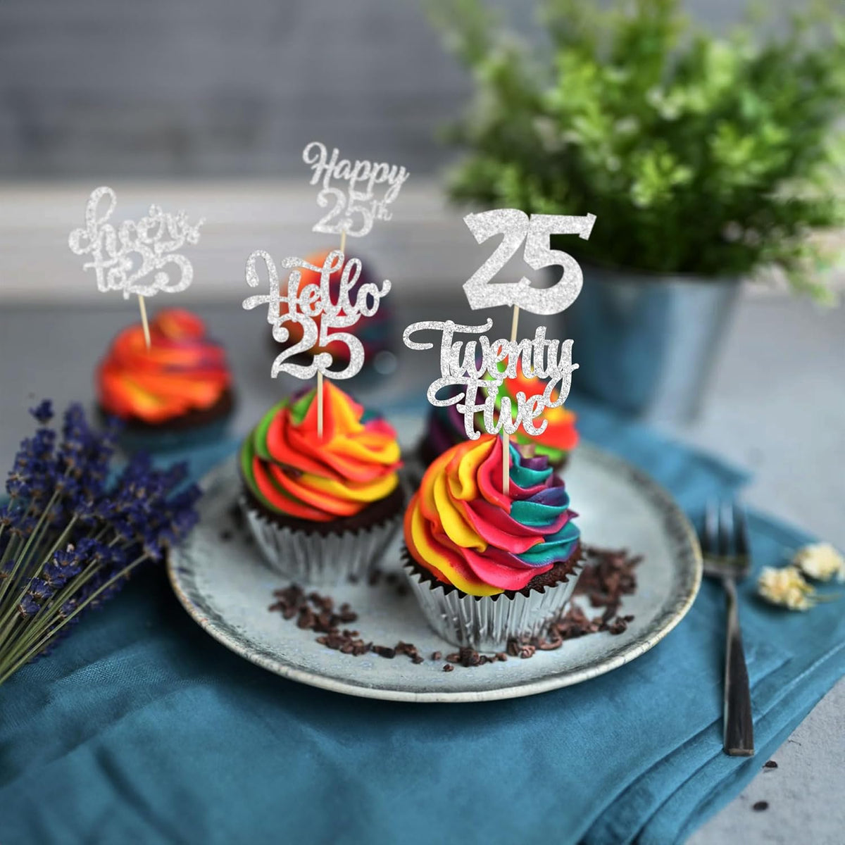 30pcs 25th Birthday Cupcake Toppers - Silver Glitter Cheers to 25 Years Old Cake Decorations for