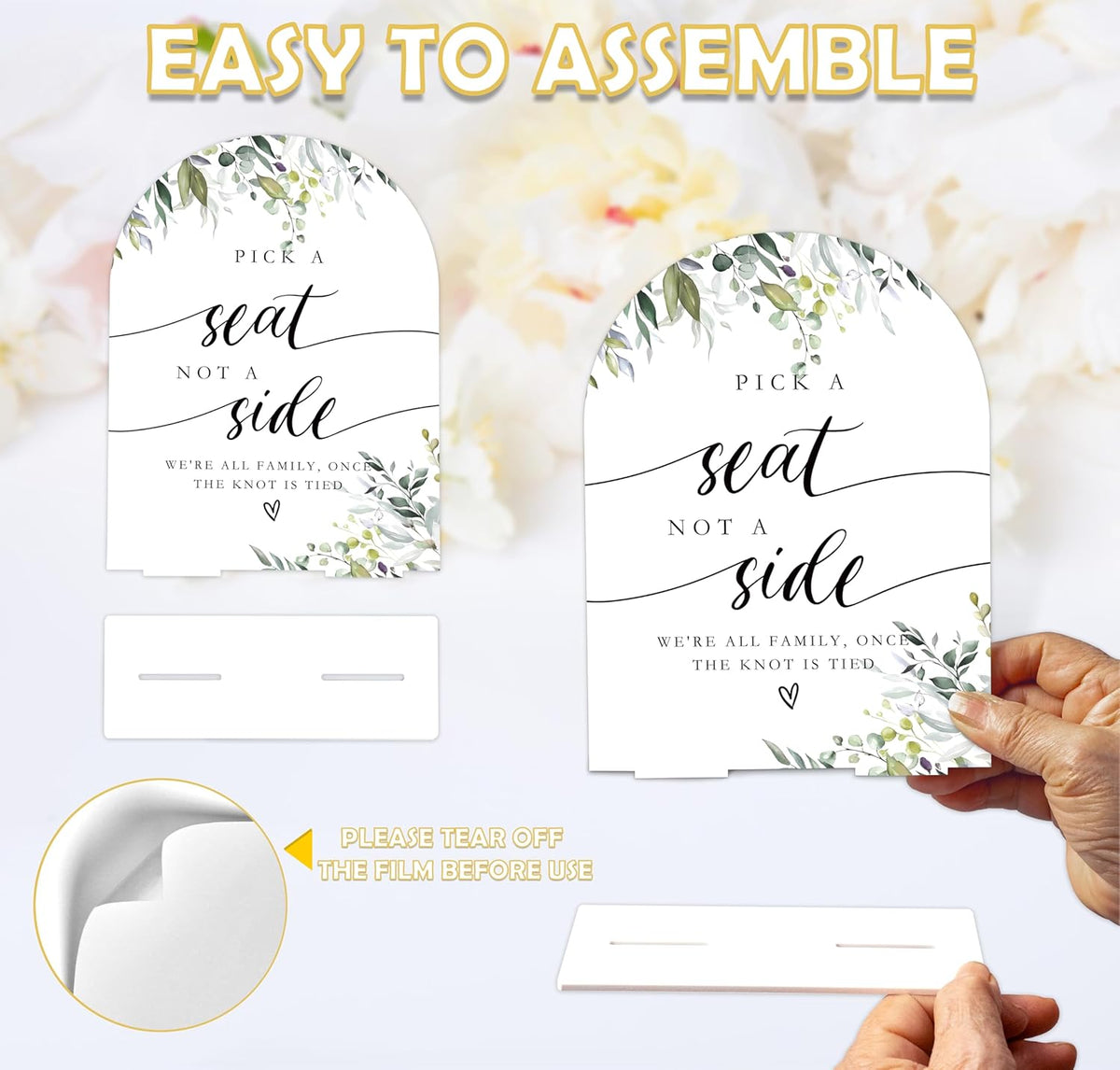 Greenery Pick a Seat Not a Side Sign, 6 x 8 Inch White Arch Acrylic Wedding Sign with Holder