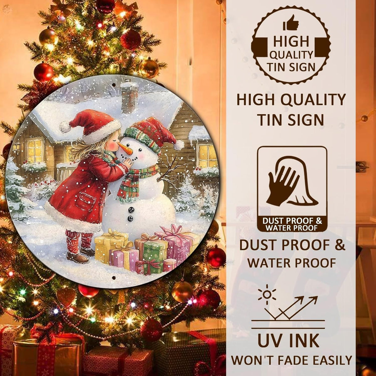 Round Wall Decor Christmas Metal Tin Sign Girl and Snowman Sign Rustic Wall Decor Wall Plaque