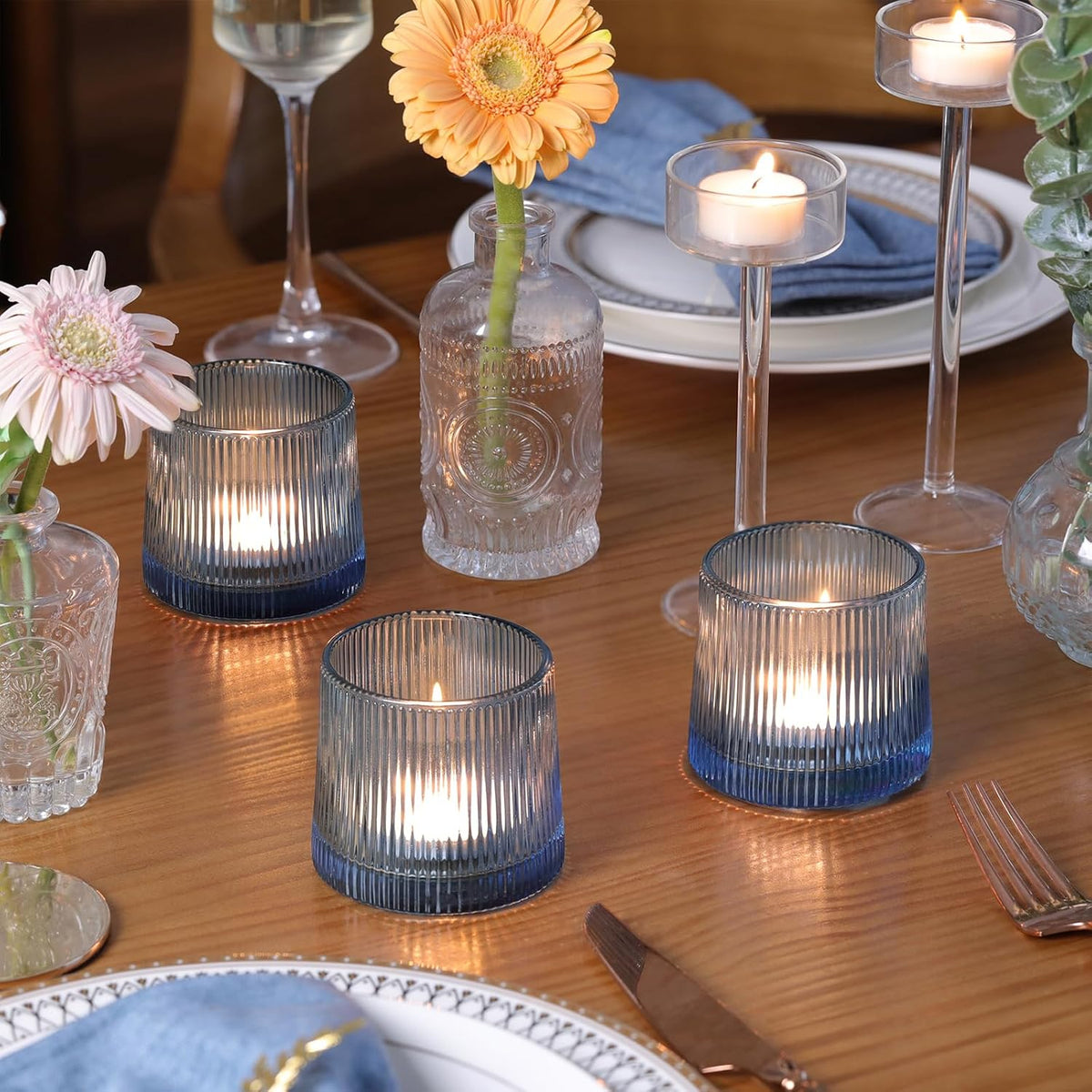 DARJEN Blue Ribbed Tealight Votive Candle Holders- 6Pack Glass Candle Holders for Table