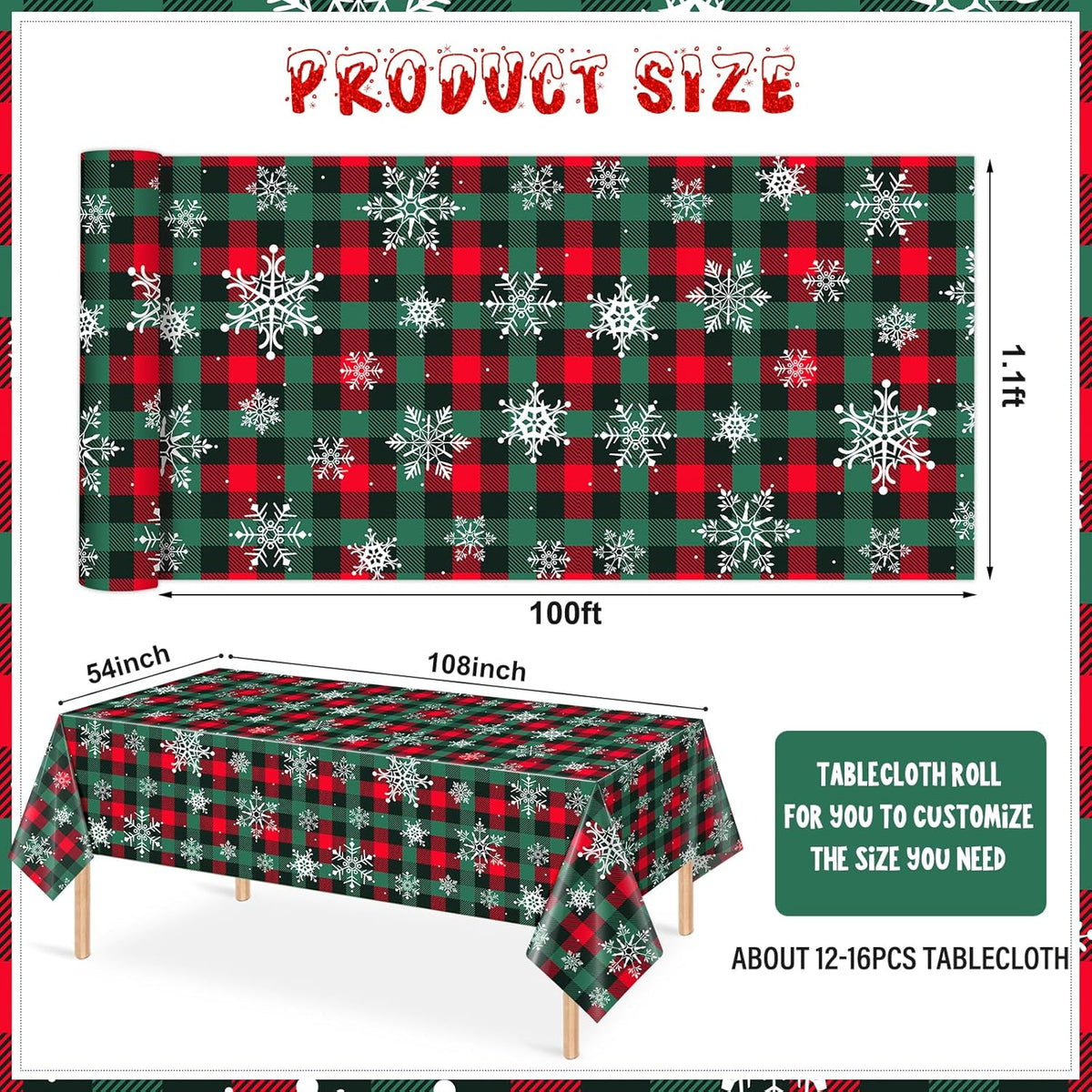 4.5x 100 Ft Roll of Christmas Buffalo Plaid Plastic Tablecloth Decorations,Disposable Red Green