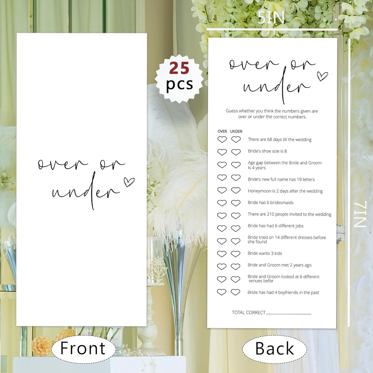 Bridal Shower Games, Over or Under, 25Pcs 4x9inch Minimalist White Double-Sided Bridal Game Cards