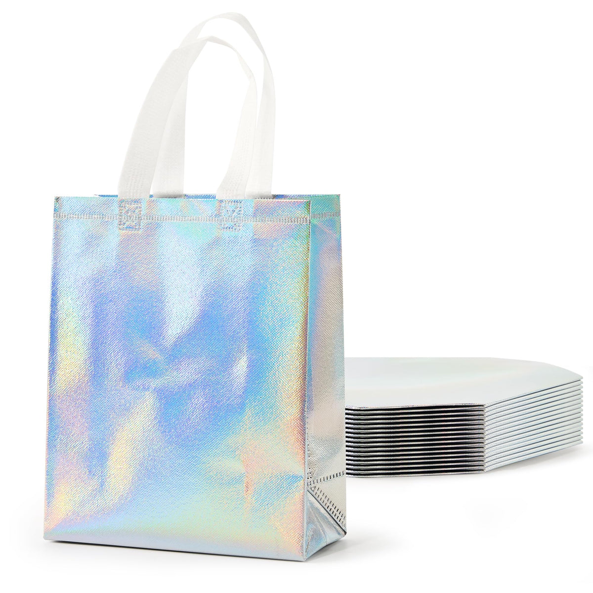 PACKINNO 15 Pcs Iridescent Gift Bags with Handles, 8x4x10 Inch Holographic Reusable Gift Bags