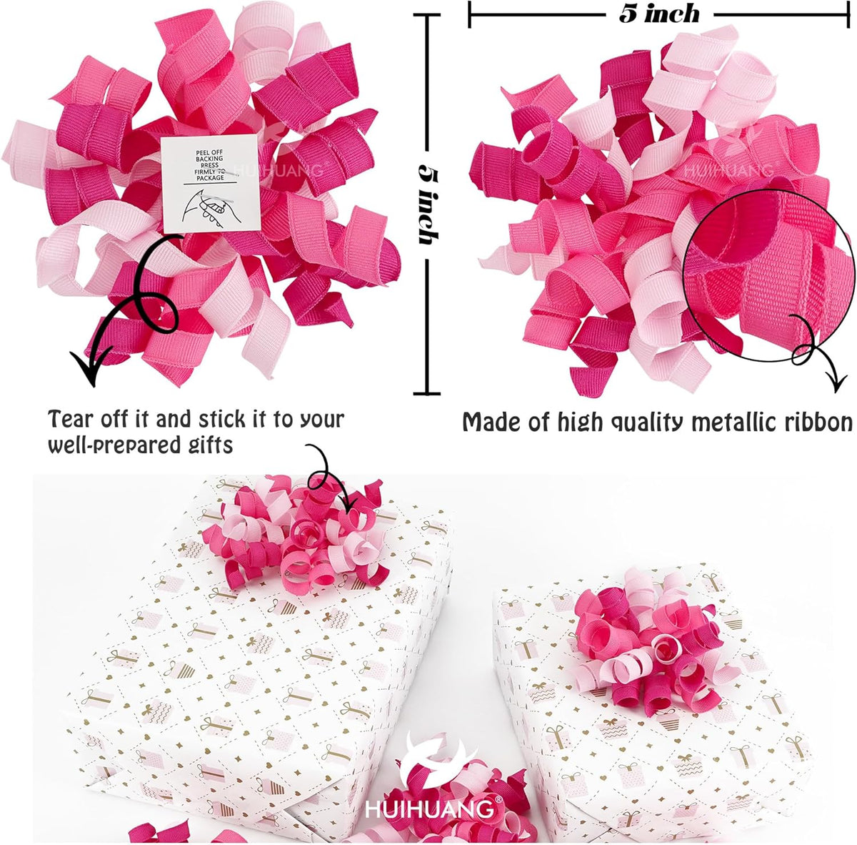 HUIHUANG Pink Bows for Gift Wrapping Self Adhesive Curly Gift Bows Fushcia/Pink/Hot Pink Bows for