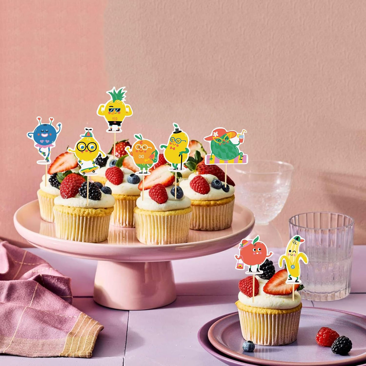 24pcs Fruit Cupcake Toppers Anthropomorphic Fruit Theme Kawaii Watermelon Apple Banana Lemon
