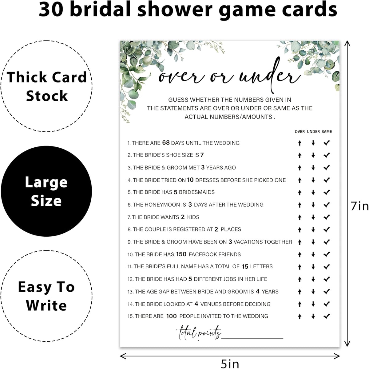 Eucalyptus Bridal Shower Game Cards - Over or Under, Wedding Engagement Bachelorette Party Bridal