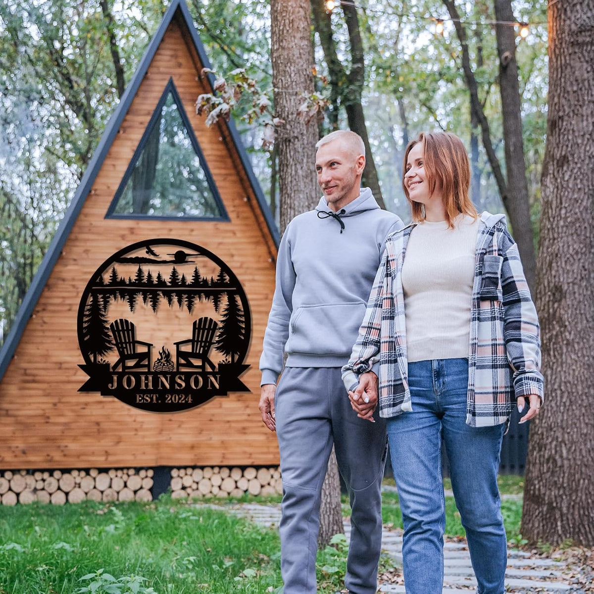 Custom Campfire Metal Name Sign, Campsite Custom Metal Family Name Sign, Campsite Monogram Forest