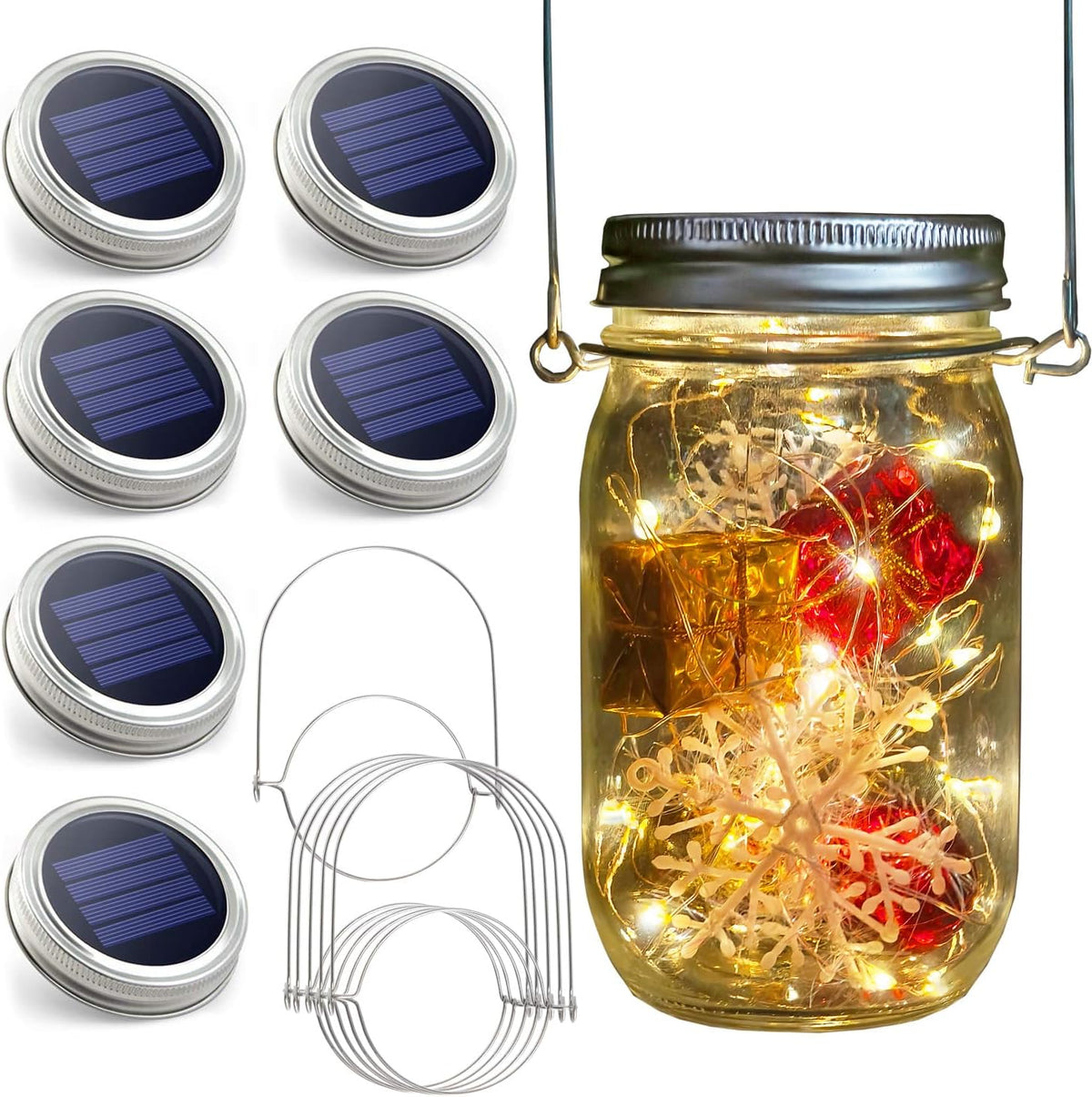 Urvoix Solar Mason Jar Lights - 6 Pack 30 Led Waterproof Jar Lids String Lights with 6 Handle