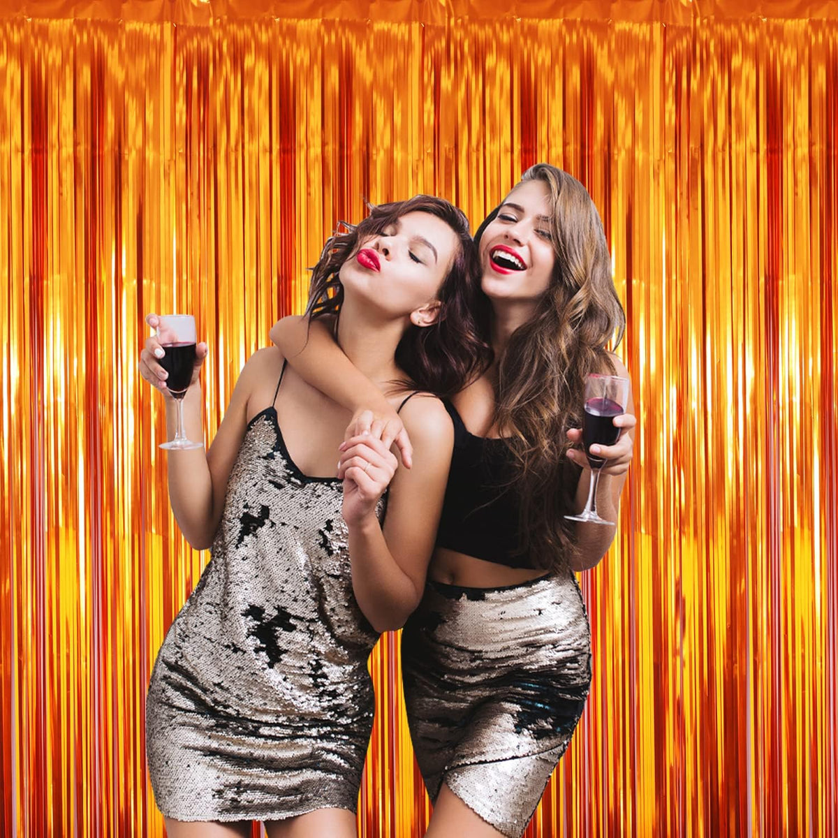 GOER 6.4 ft x 8.2 ft Metallic Tinsel Foil Fringe Curtains,Pack of 2 Party Streamer Backdrop for