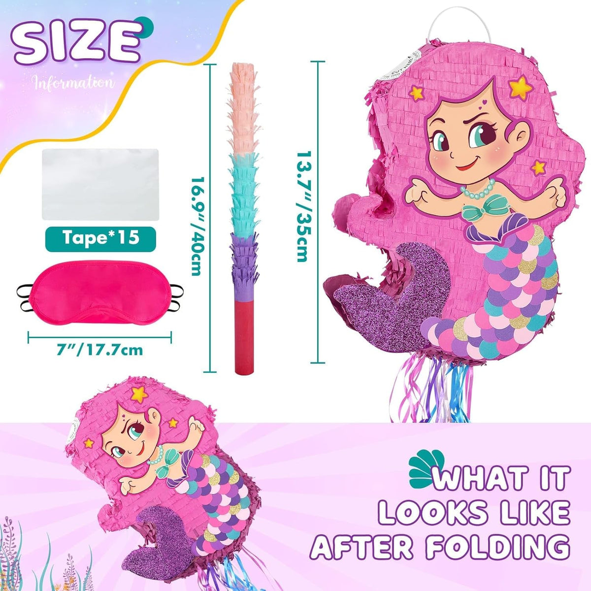 WERNNSAI Foldable Mermaid Pinata - Pull String Mermaid Birthday Party Supplies Extendable Mermaid