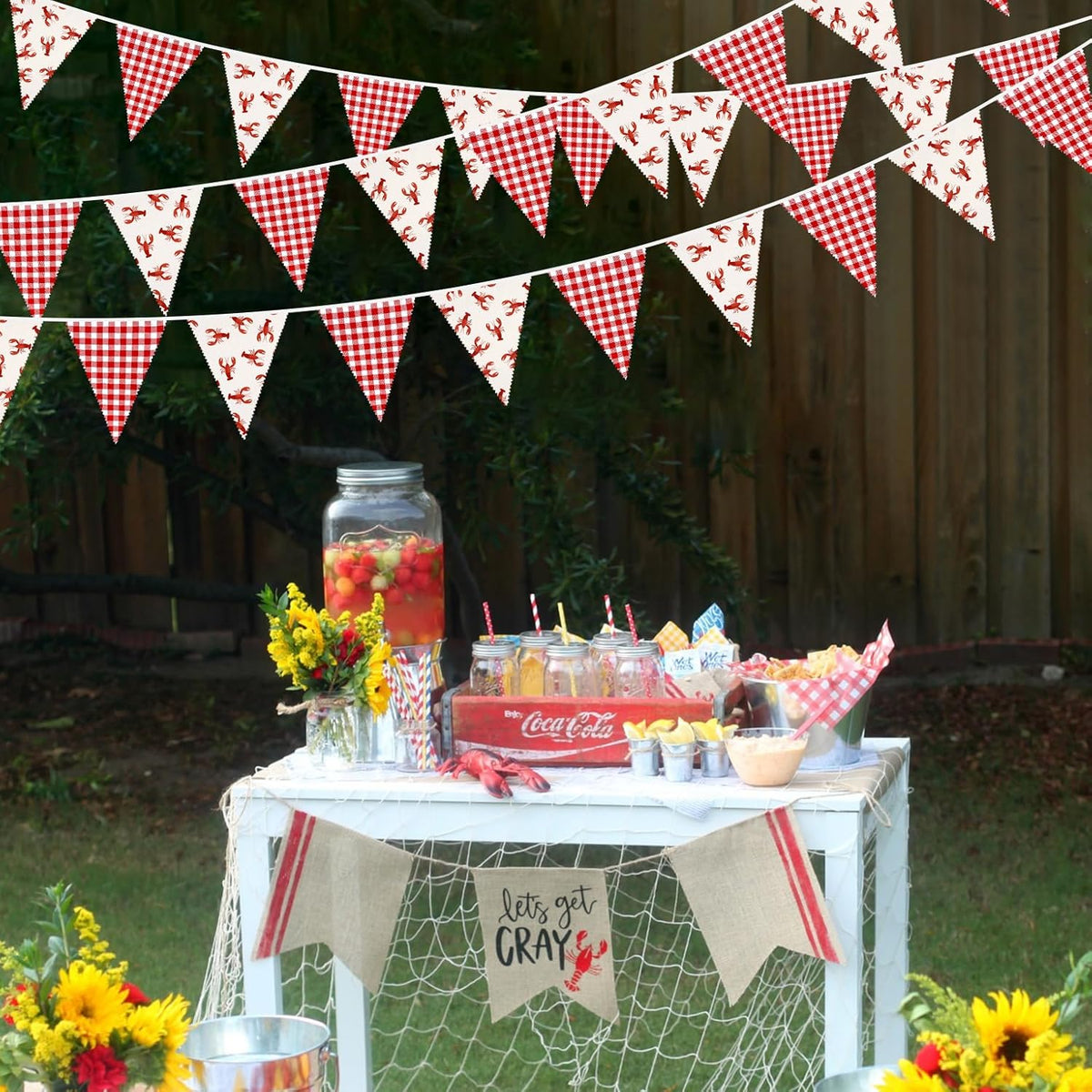 32Ft Crawfish Party Decorations Red Buffalo Plaid Crawfish Pennant Banner Fabric Triangle Flag
