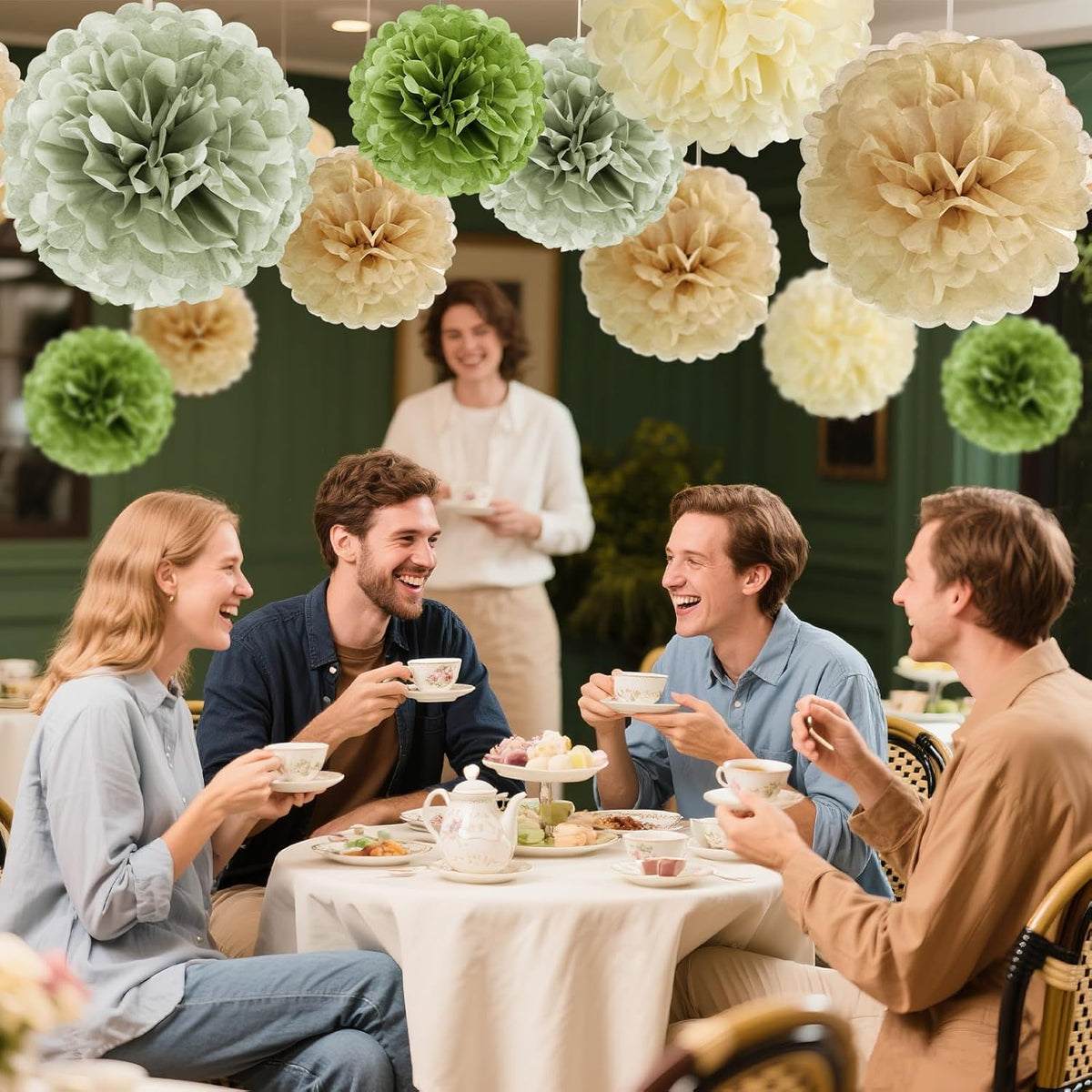 Sage Green Tissue Paper Pom Pom Flowers Decorations 15 PCS Olive Green Paper Flowers for Wall