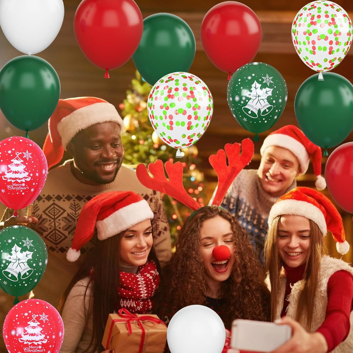 Christmas Balloons, 12 Inch Green Red White Xmax Balloons with Deer Christmas Tree Printed Balloons
