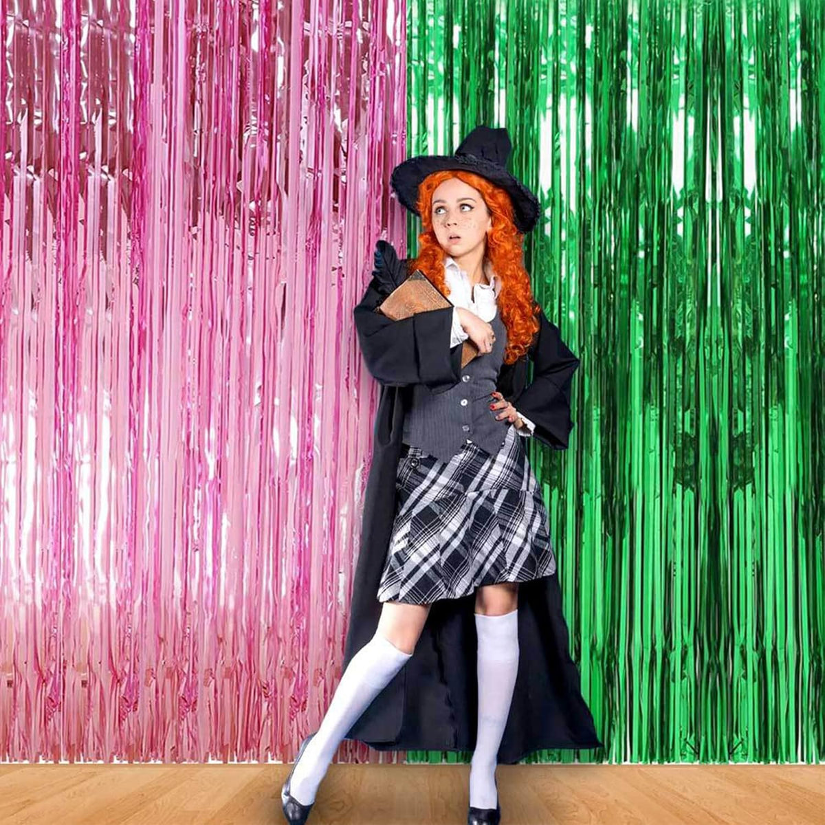 CANREVEL 2 Pack 3.3x6.6 Feet Pink and Green Foil Fringe Backdrop Curtains, Tinsel Streamers for