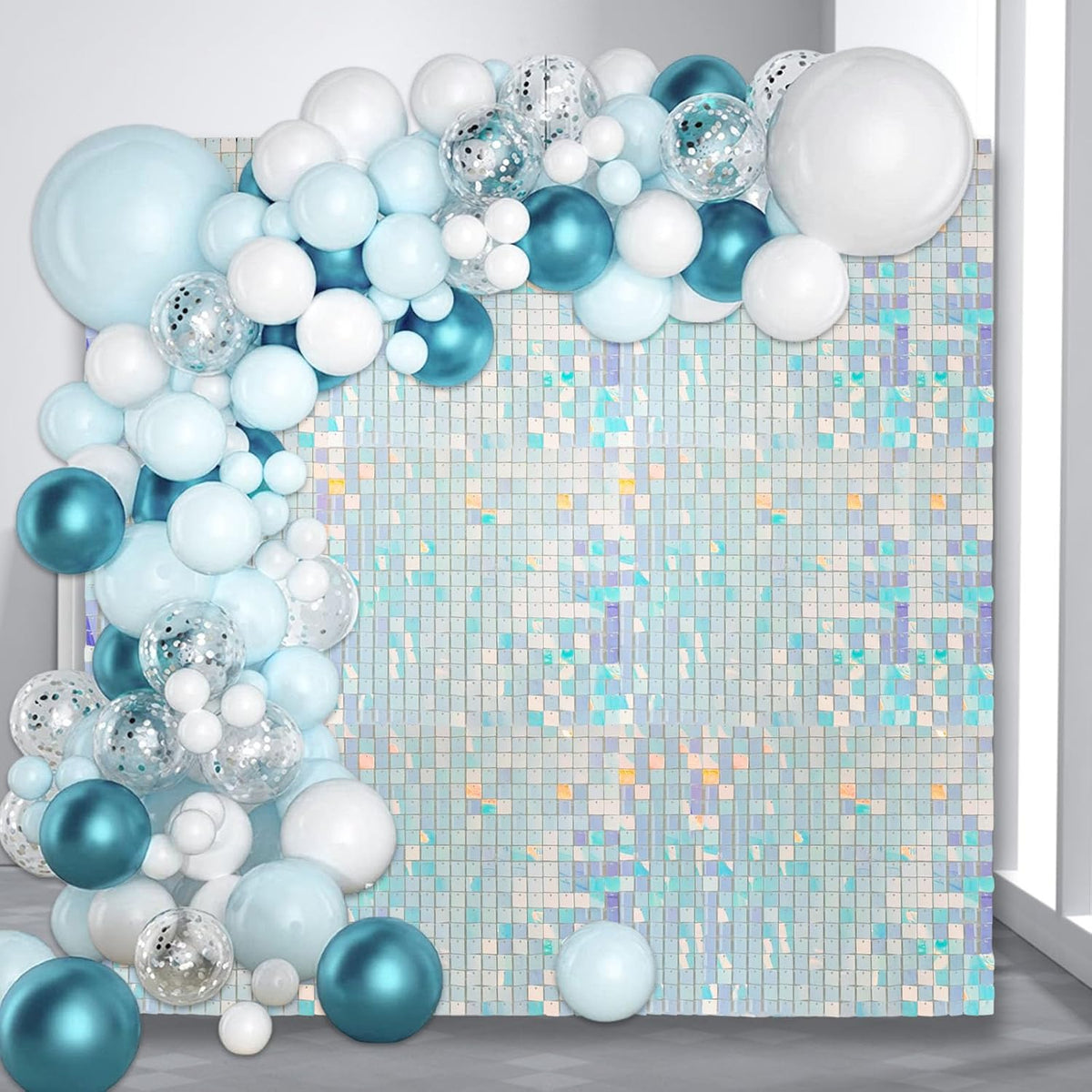 24PCS Colorful Blue Shimmer Wall Backdrop, Square Sequin Backdrops Panel, Glitter Wall Background