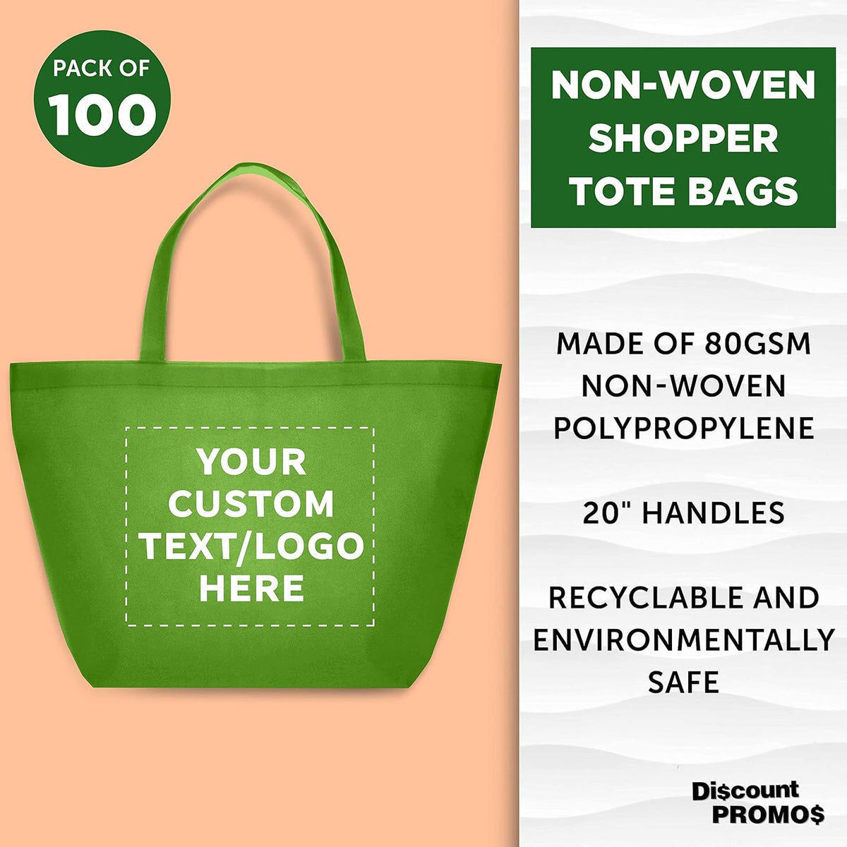 DISCOUNT PROMOS Custom Southern Style Grocery Tote Bags Set of 100 - Personalized Bulk Pack
