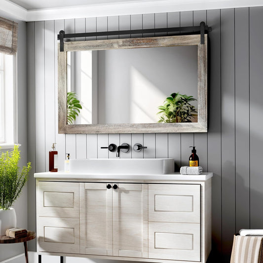 COGOOD Farmhouse Barn Door Mirror - 41" x 26" Rustic Wood Framed Wall Mirror for Bathroom, Living