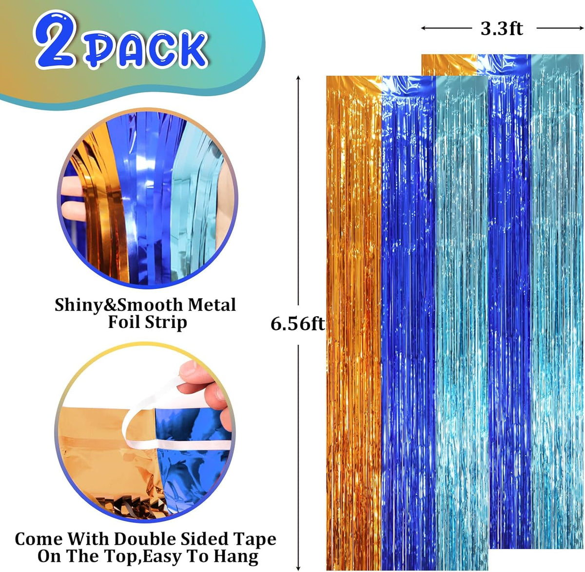 2 Pack Blue Orange Foil Fringe Backdrop Curtains, Tinsel Streamers Party Decorations, Fringe