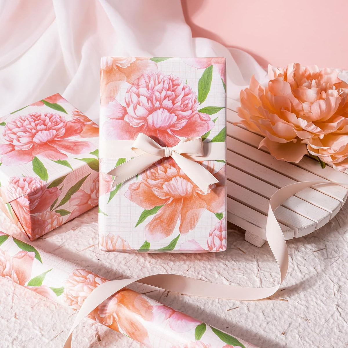 WRAPAHOLIC Floral Wrapping Paper Roll - Mini Roll - 17 Inch x 9.8 Feet - Peach Flower Wrapping