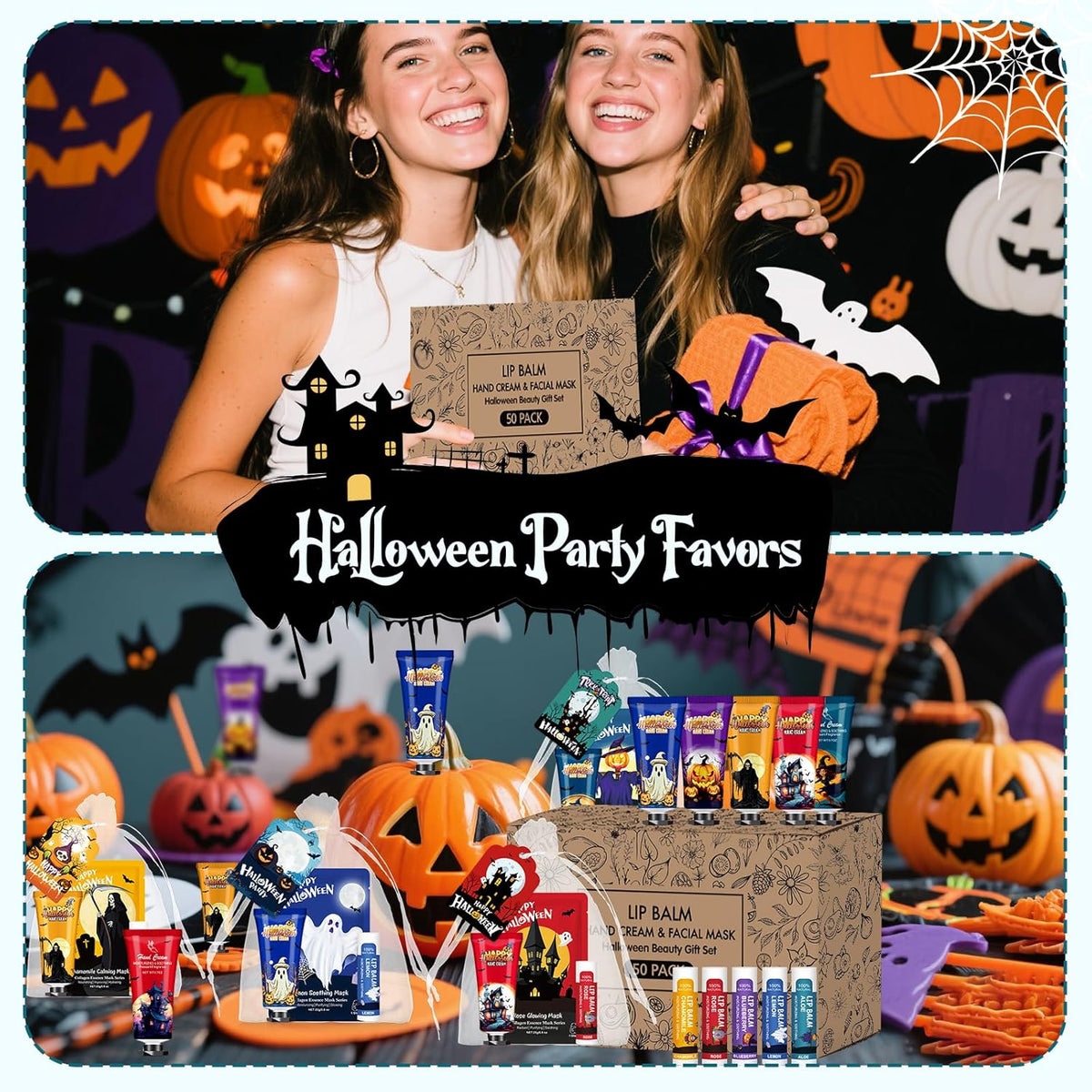 VESPRO 50 Pack Halloween Hand Cream, Facial Mask and Lip Balm Set, Bulk Halloween Gifts for Women