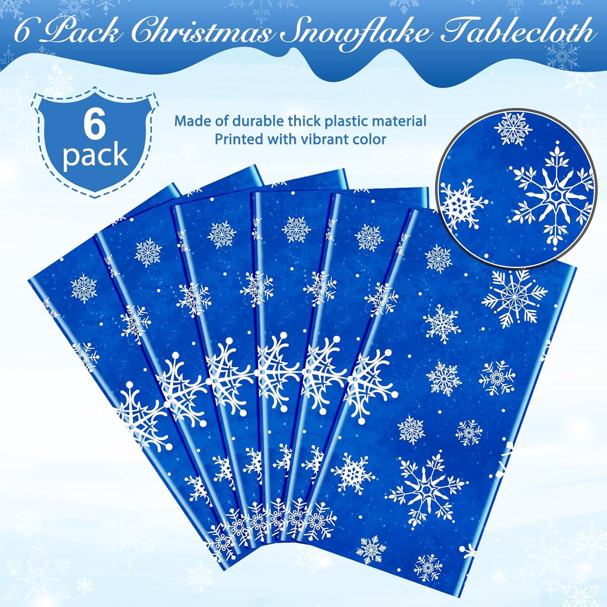 Jectivs 6 Pieces Christmas Snowflake Plastic Party Tablecloth Decorations,White Snowflake Blue Xmas