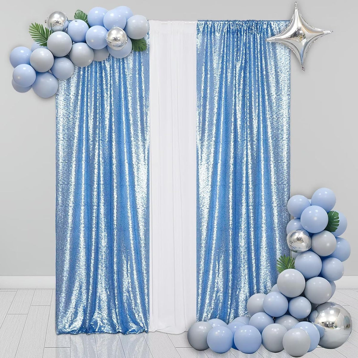 Eternal Beauty Sequin Backdrop Curtains, 2x8 Ft-2 Panels Baby Blue Back Drop for Shimmer