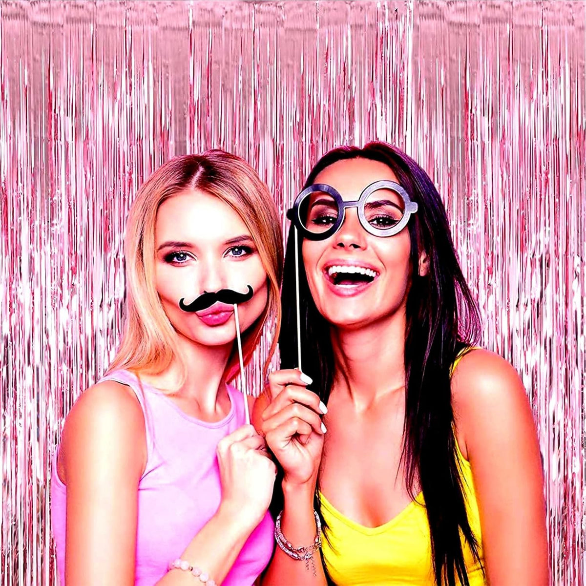 4 Pack Pink Foil Fringe Curtain Backdrop, 3.3Ft x 9.8Ft Metallic Tinsel Foil Fringe Streamers