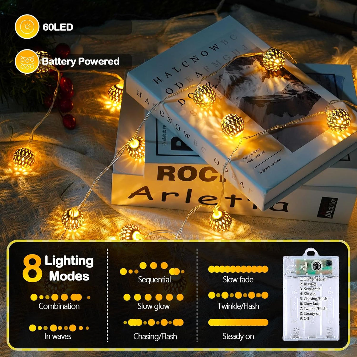LORRYTE Moroccan String Lights Outdoor Battery Operated, 60 LED 36 FT Globe Fairy Lights with 8