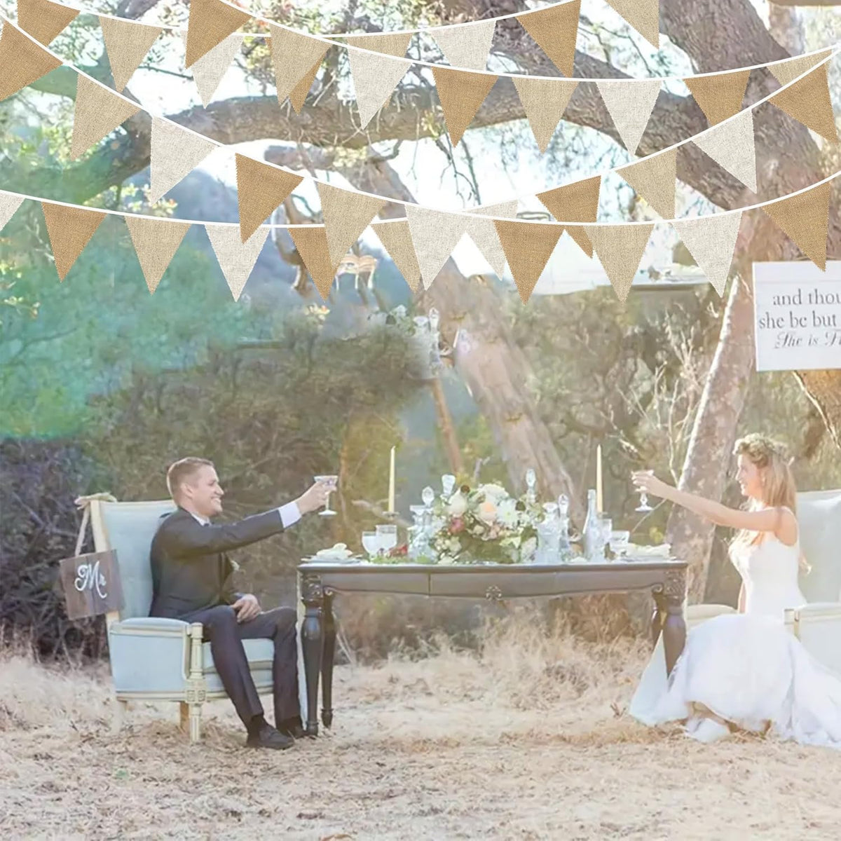 24Ft Burlap Banner Burlap Triangle Pennant Flag Linen Bunting Garland Streamers for Birthday