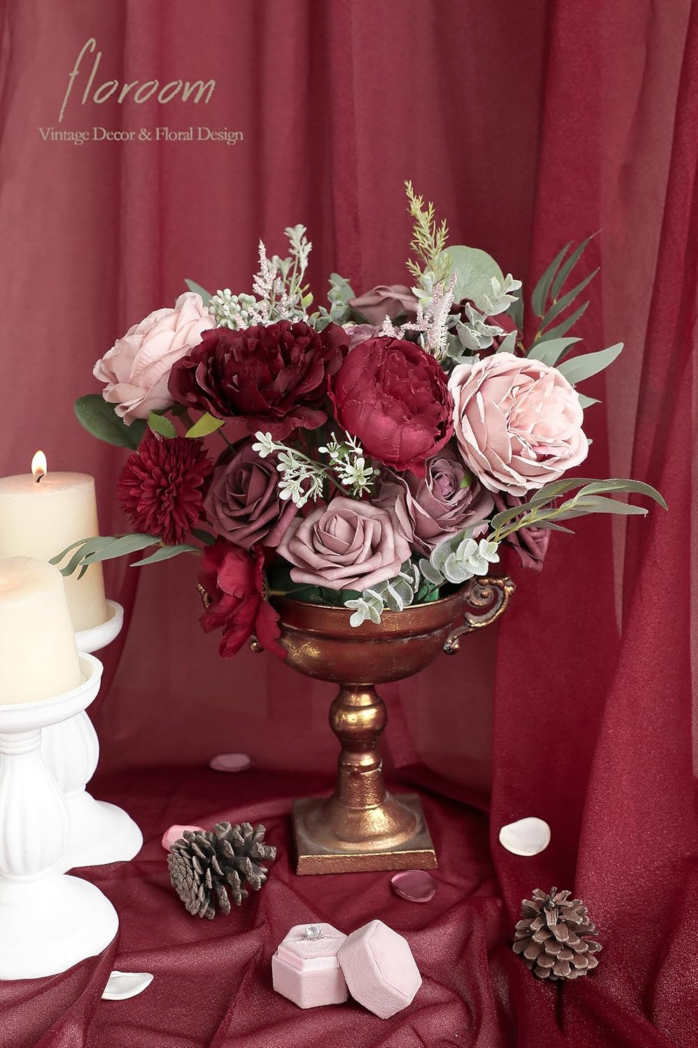 Floroom Burgundy Mauve Artificial Flowers Marsala Fake Roses Peonies and Greenery Combo Box Set for