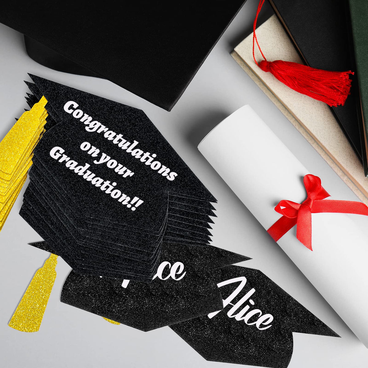 Whaline 50Pcs Grad Caps Cutouts Glitter Black Gold Graduation Hat Cutouts 5.7 Inch Grad Cap