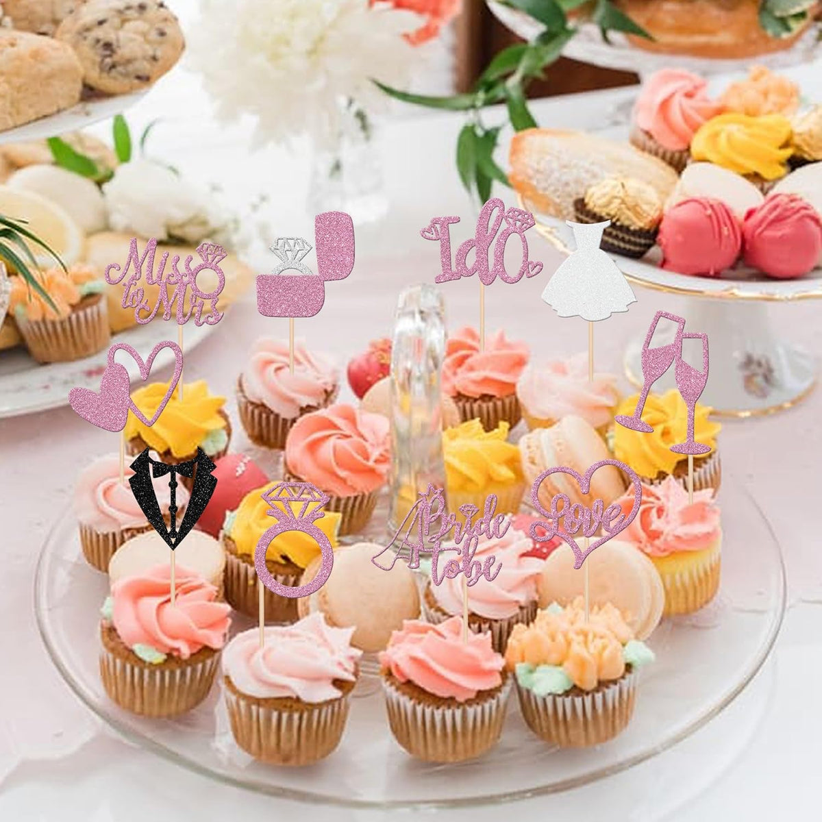 30 PCS Bride to Be Cupcake Toppers Glitter Miss to Mrs I Do Love Heart Ring Cupcake Picks Wedding